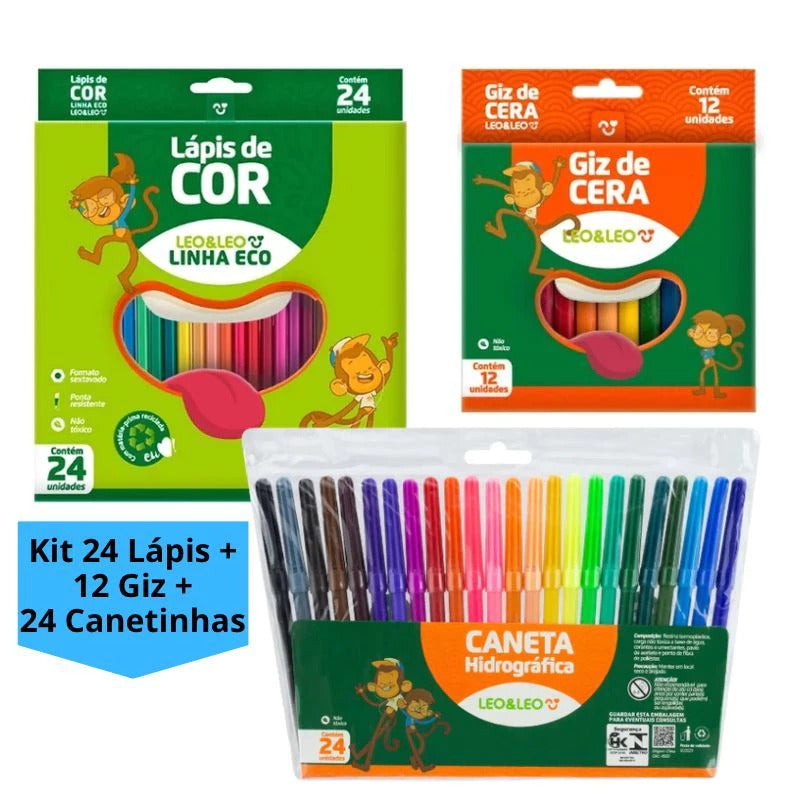 🎨Kit Escolar Leo&Leo-Lápis, giz e canetinhas em um só lugar!✨